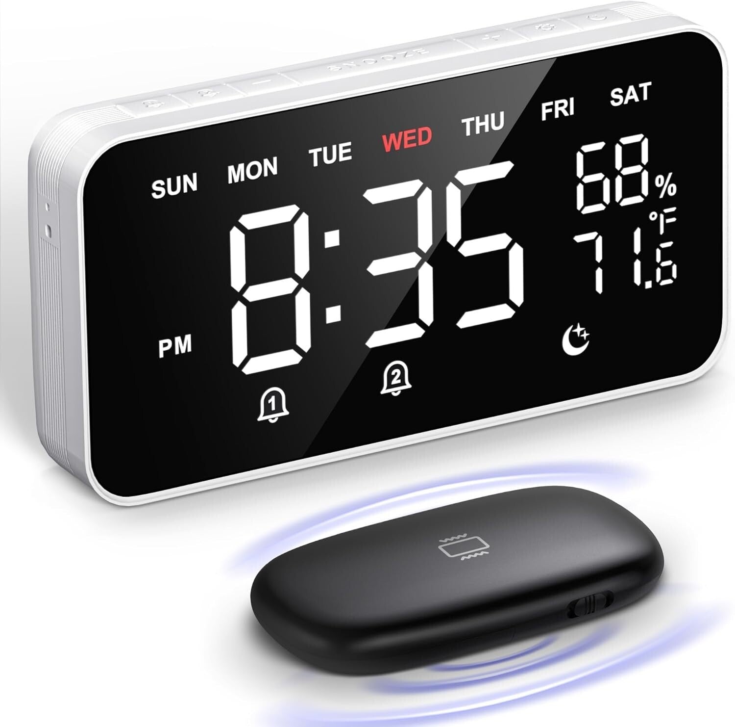Loud Bed Shaker Alarm Clock - Wireless Vibrating Dual Alarm with Large Display