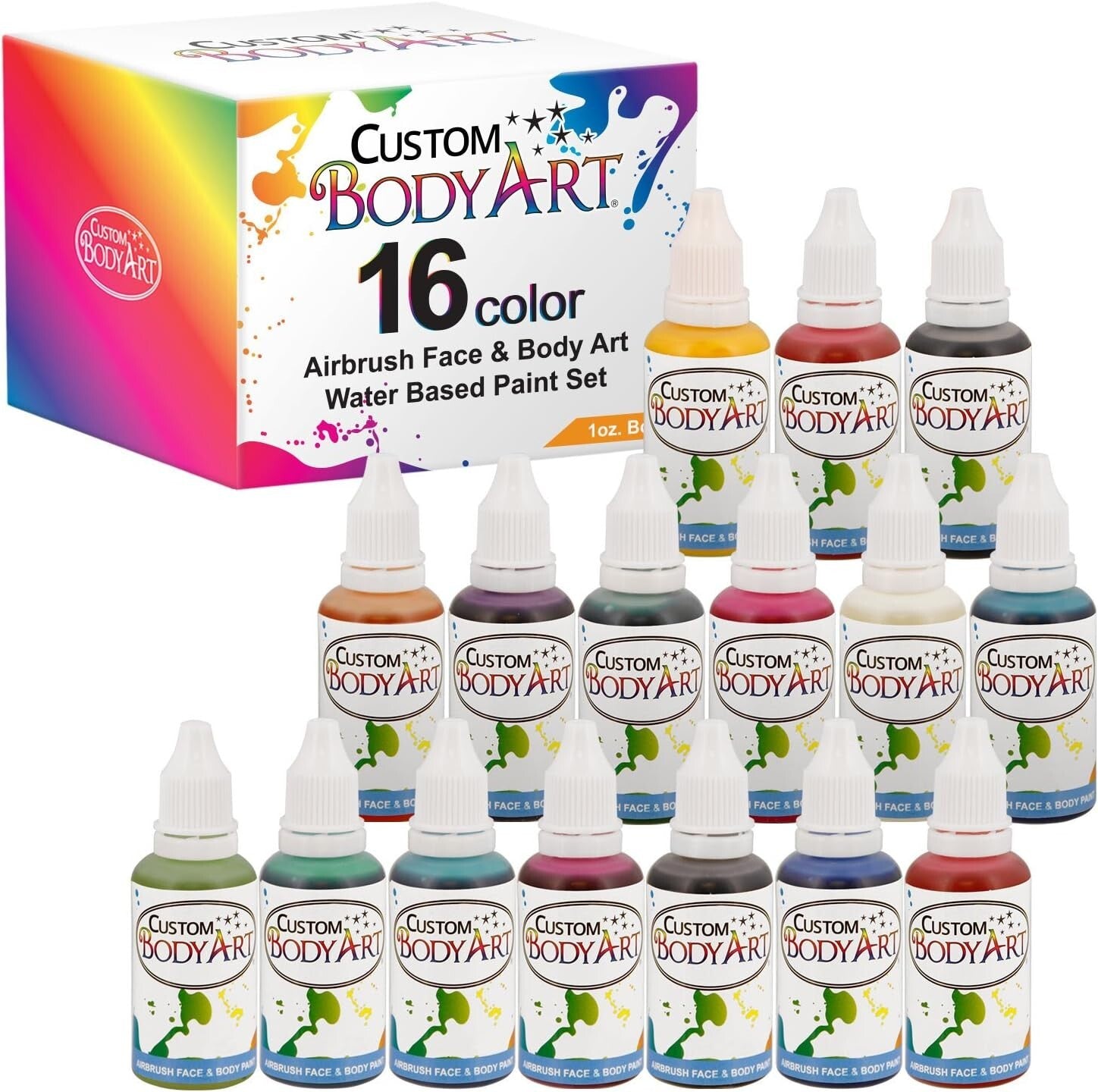 Professional 16 Color Face & Body Airbrush Paint Set - 1 Oz Easy-Wash Bottles
