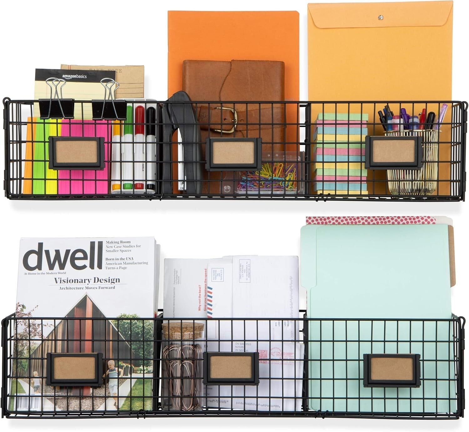 Charming Black Metal Wall Rack Organizer for Papers and Magazines - Set of 2