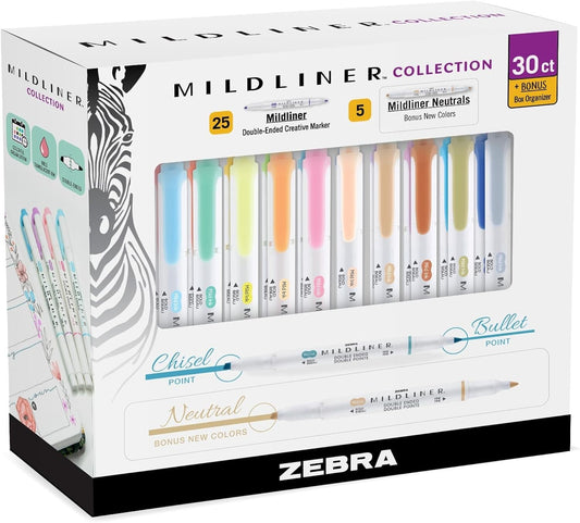 Zebra Double-Ended Mildliner Highlighters - 30 Assorted Colors for Note Taking