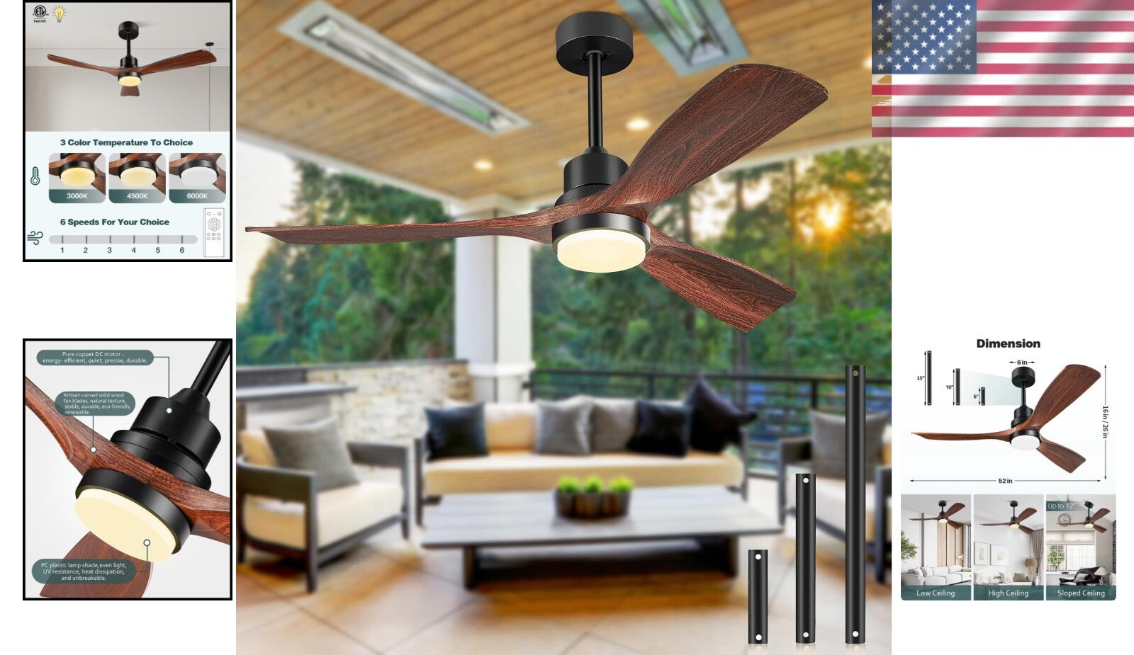 Quiet 3-Blade Ceiling Fan with Light and Remote, 52 Inch for Indoor/Outdoor