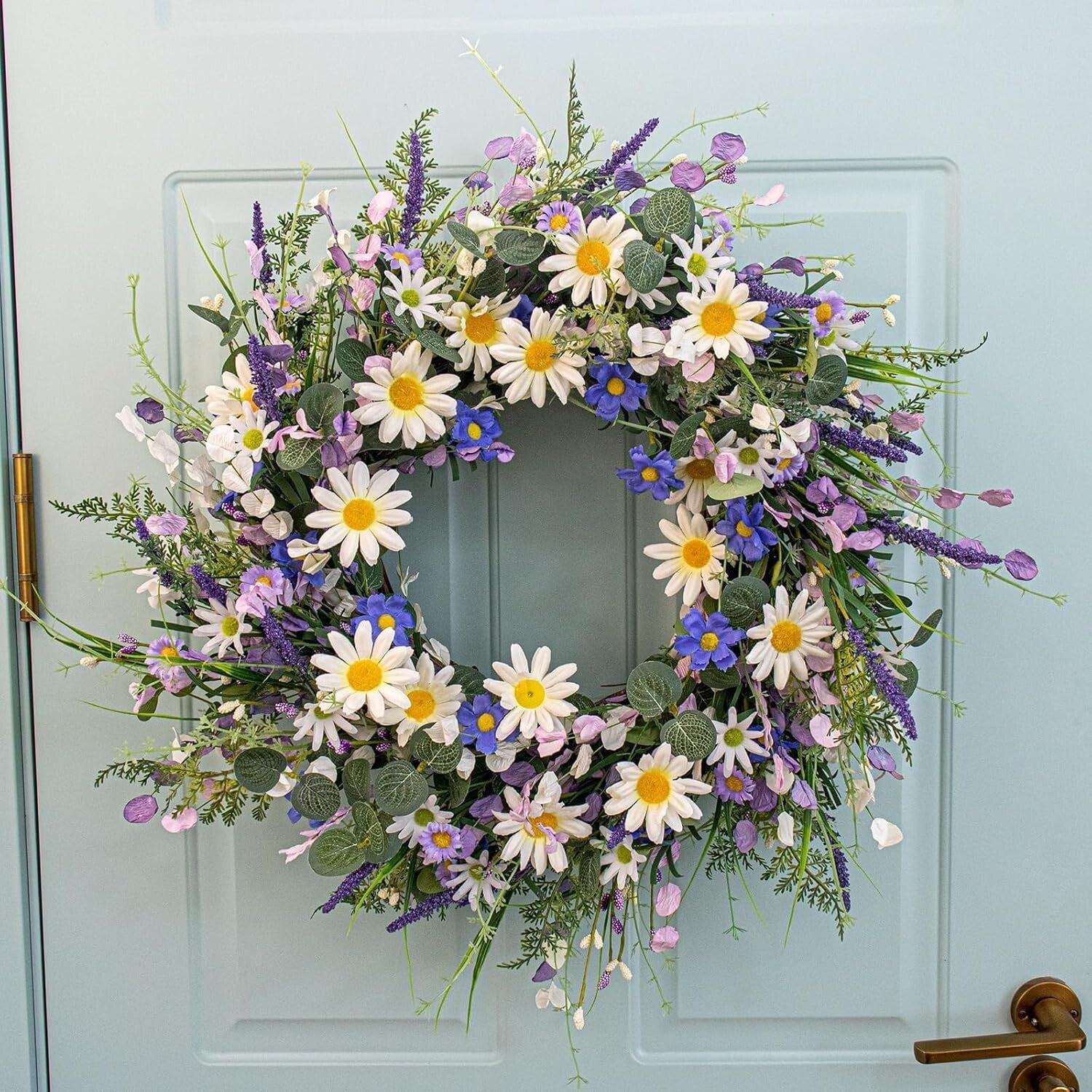 Handmade Blue Spring Wreath with White Sunflowers for Front Door Elegance