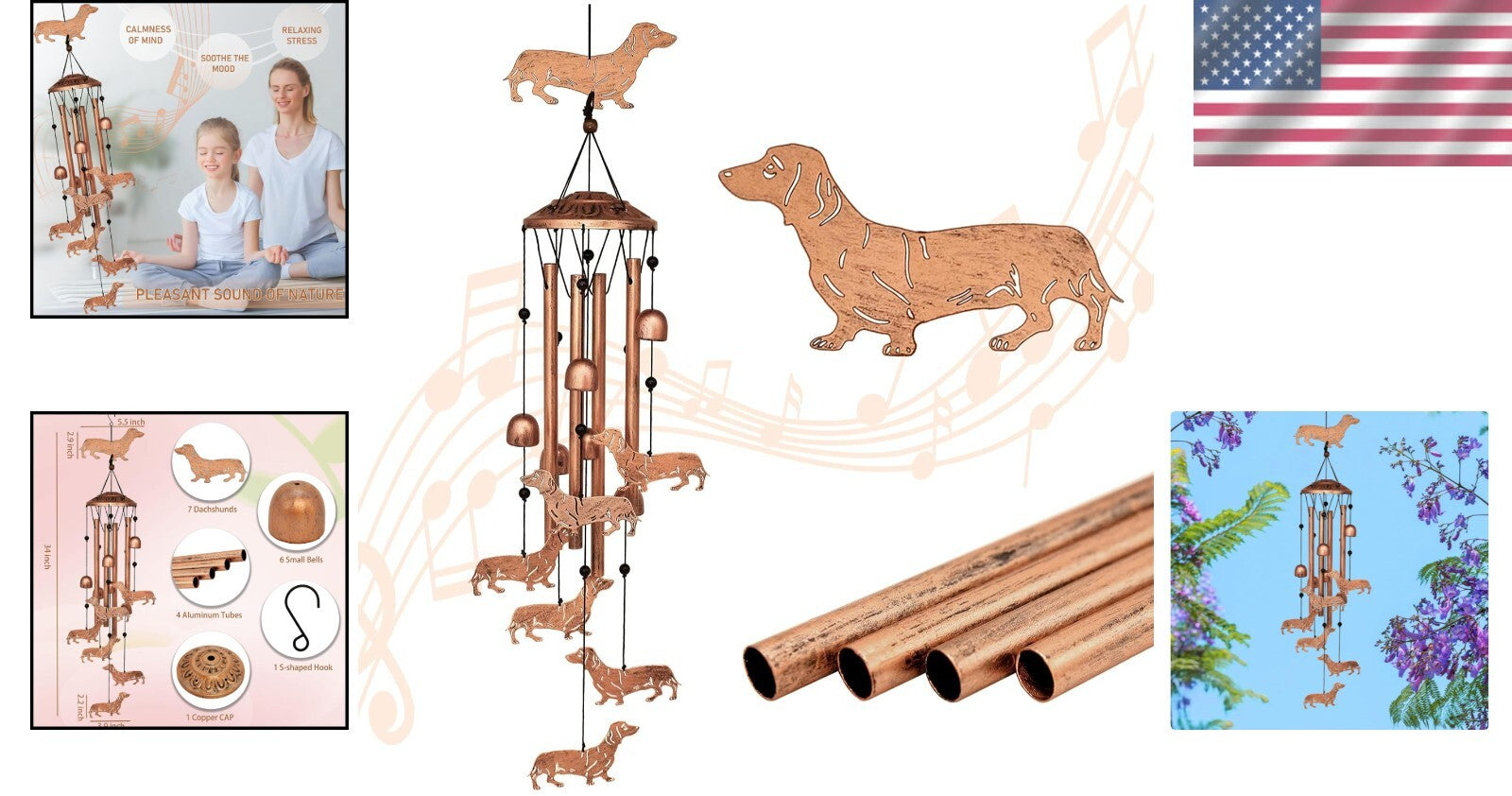 Weather-Resistant Dachshund Dog Wind Chimes - Adjustable Decor for Outdoors