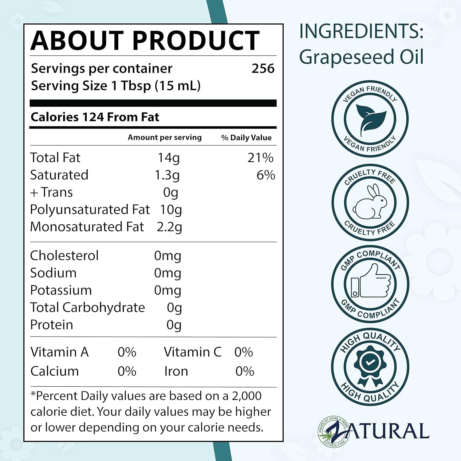 Antioxidant-Rich Cold Pressed Grapeseed Oil for Cooking & Skin Care, 1 Gallon