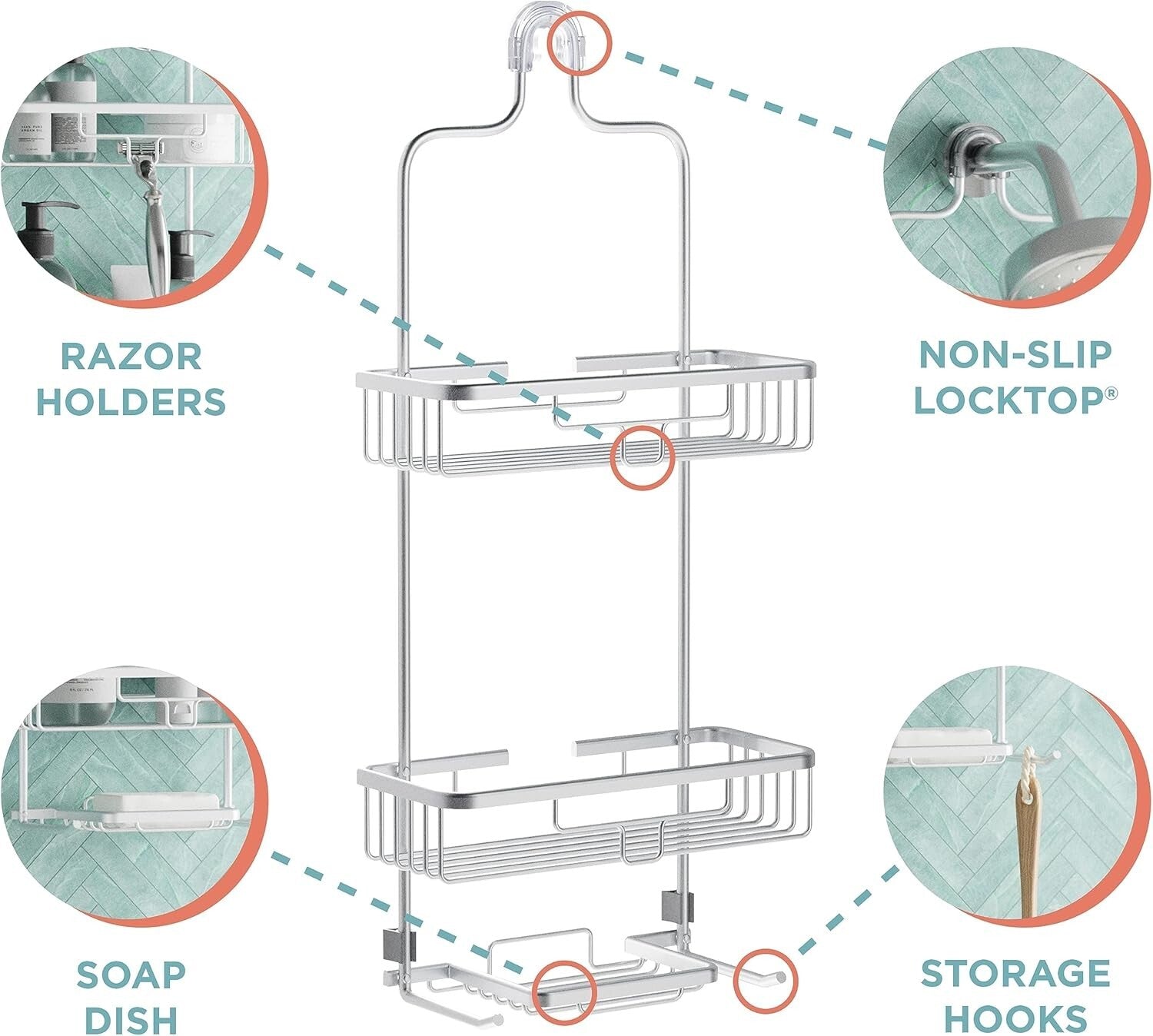 Rustproof Aluminum Shower Caddy - 2-Shelf Overhead Organizer in Satin Chrome