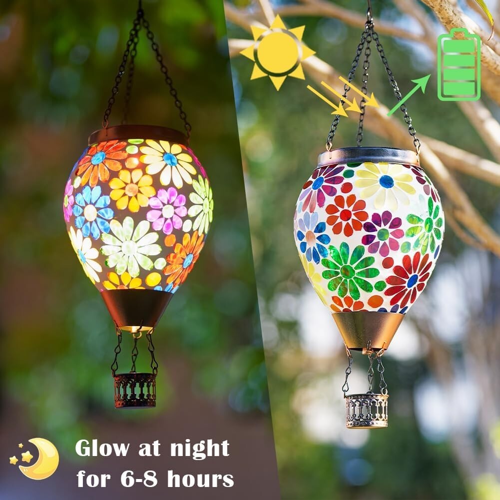 Waterproof Glass Mosaic Hot Air Balloon Lantern - Solar Powered Elegance