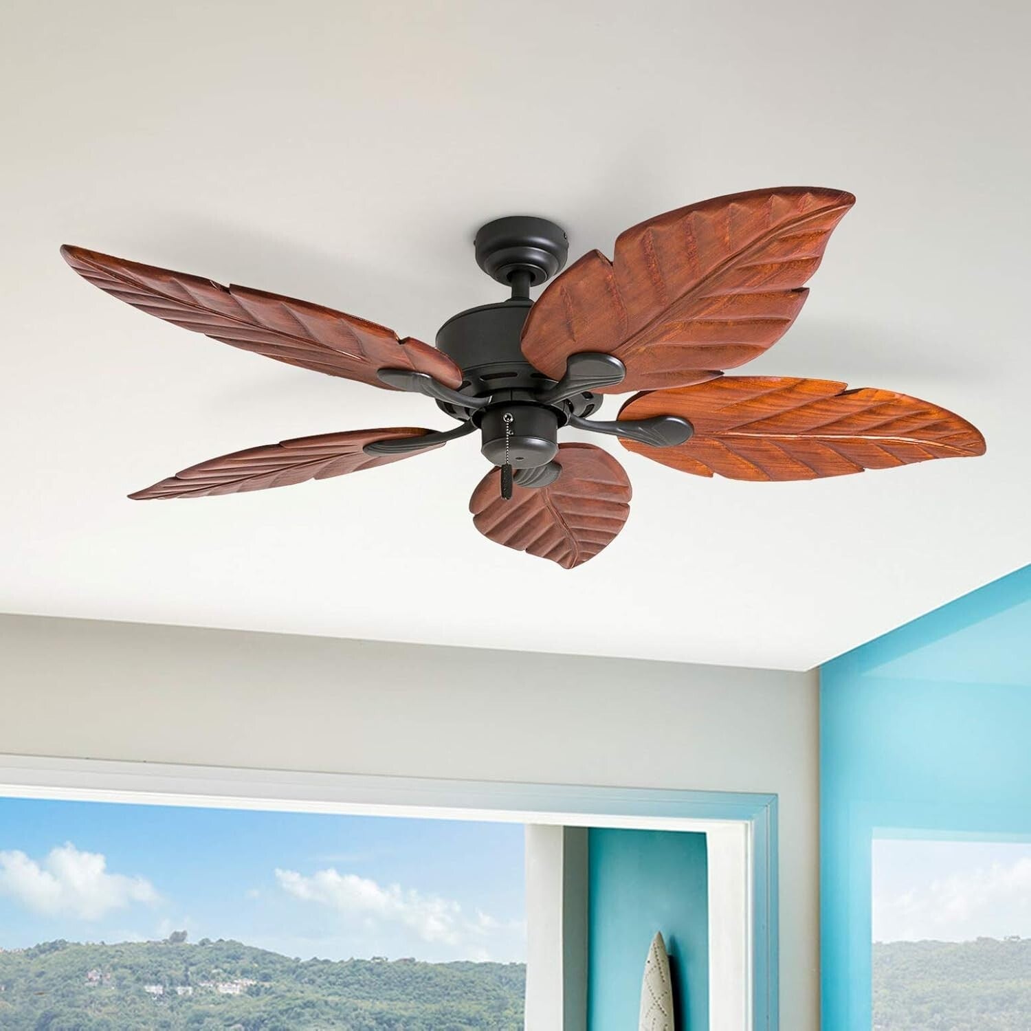Elegant 52" Pull Chain Ceiling Fan with Reversible Airflow - Hand-Carved Design