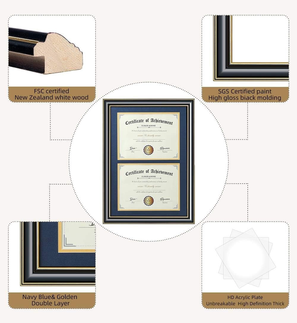Double Frame for Certificates with Navy and Gold Mat - Perfect Graduation Gift