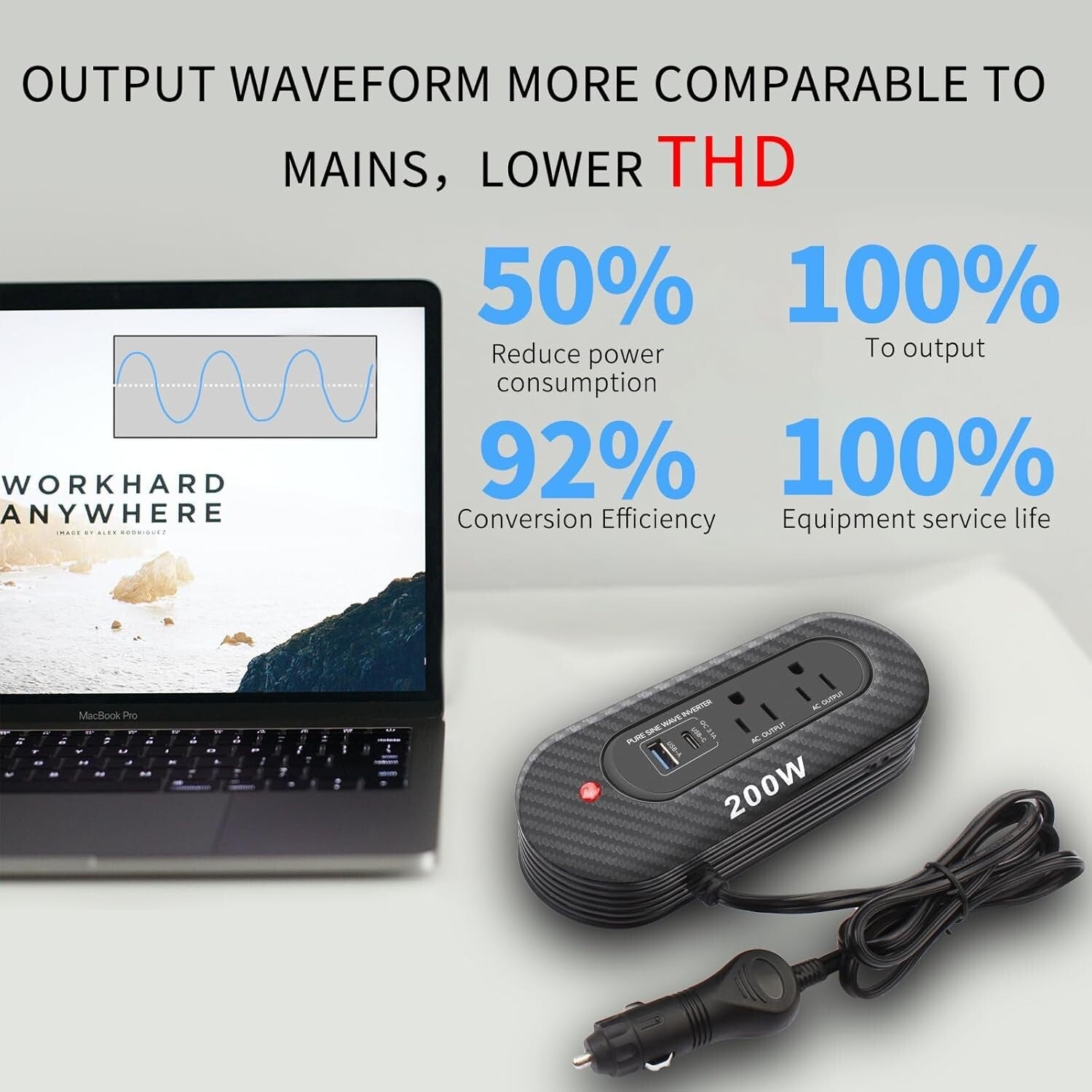 200W Pure Sine Wave Car Power Inverter - Compact Adapter with Dual AC Outlets