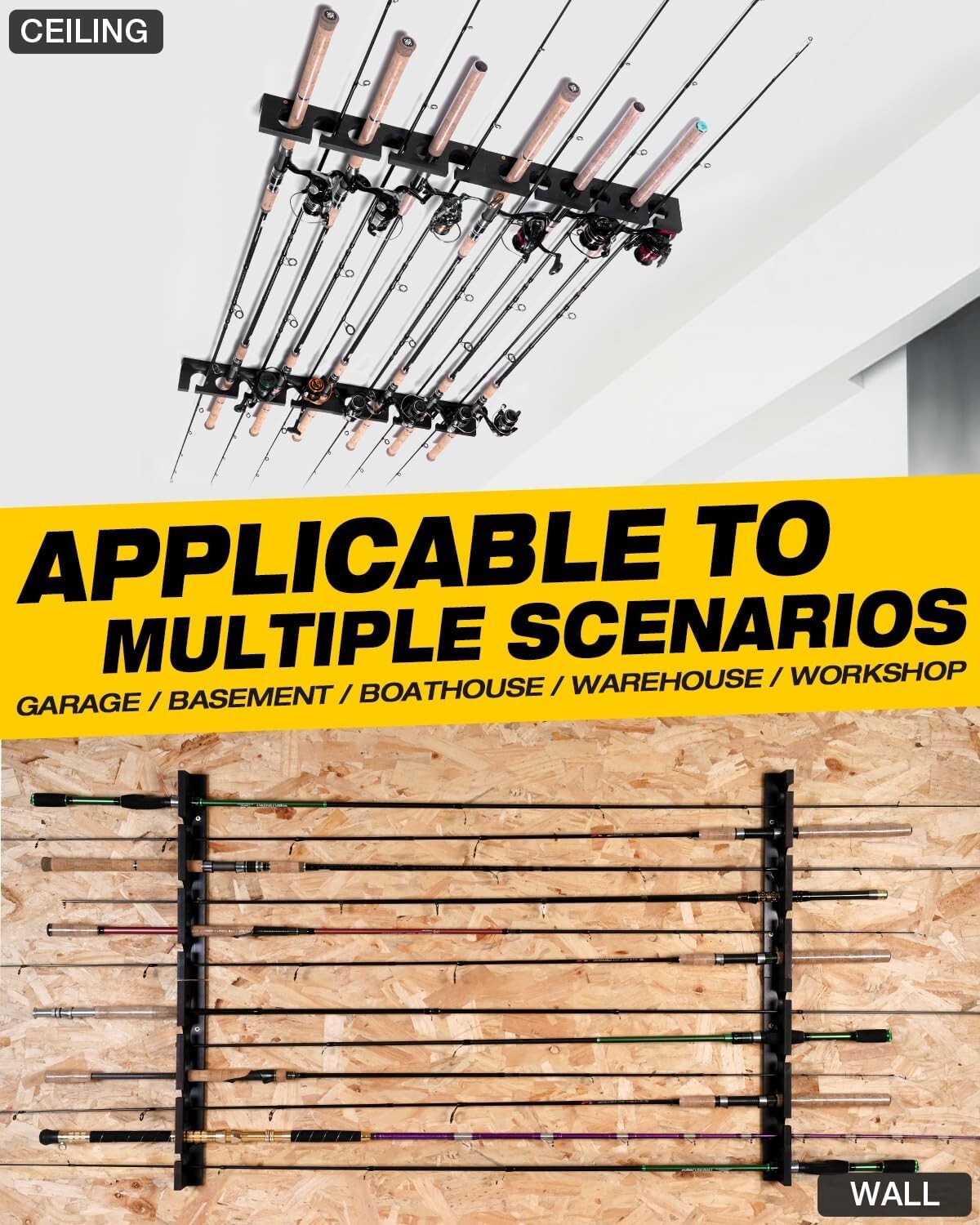 Durable Hardwood Fishing Rod Rack - Stores Up to 24 Poles, Wall/Ceiling Mounted