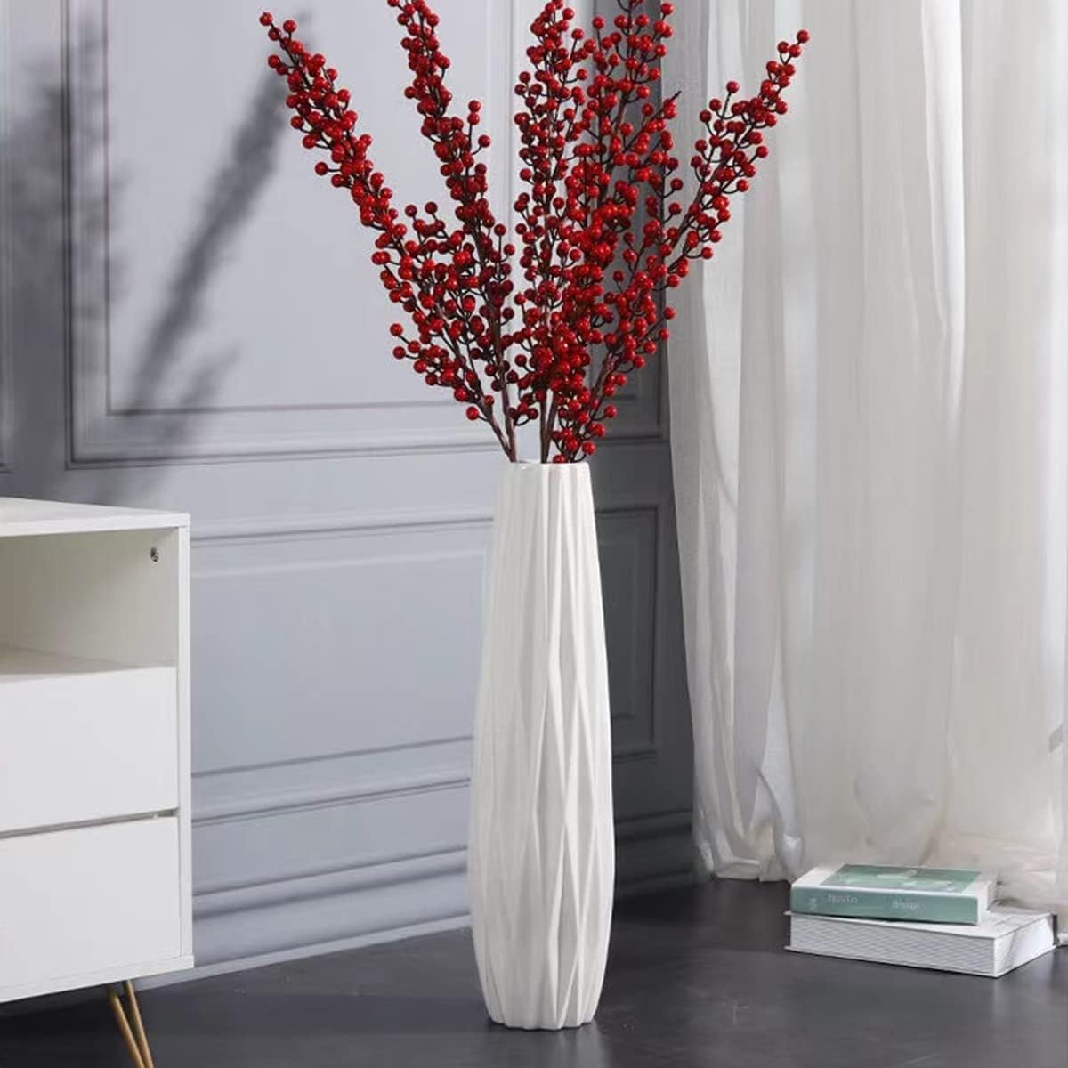 Durable 24-Inch White Ceramic Vase with Floral Pattern - Modern Home Centerpiece