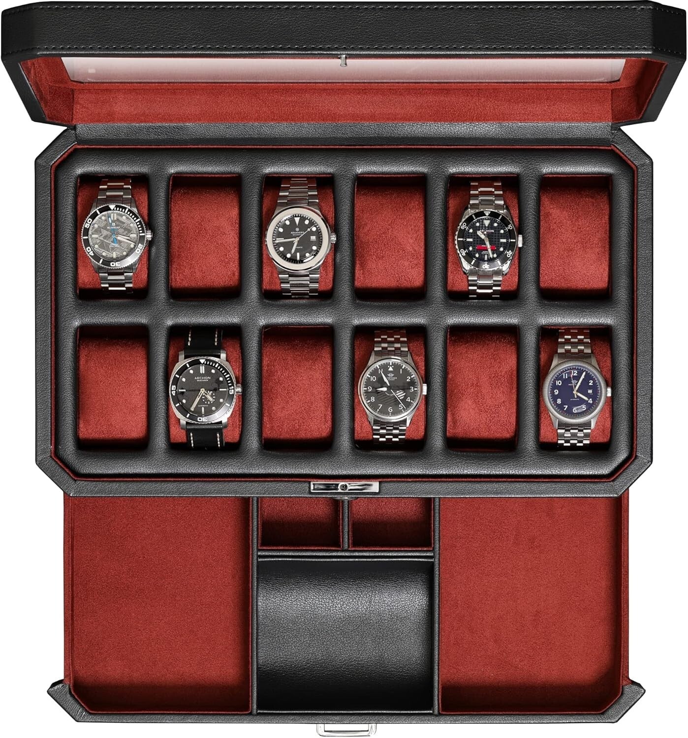 Stylish Black/Red Watch Storage Box with Key Lock & 12 Slots for Men & Women