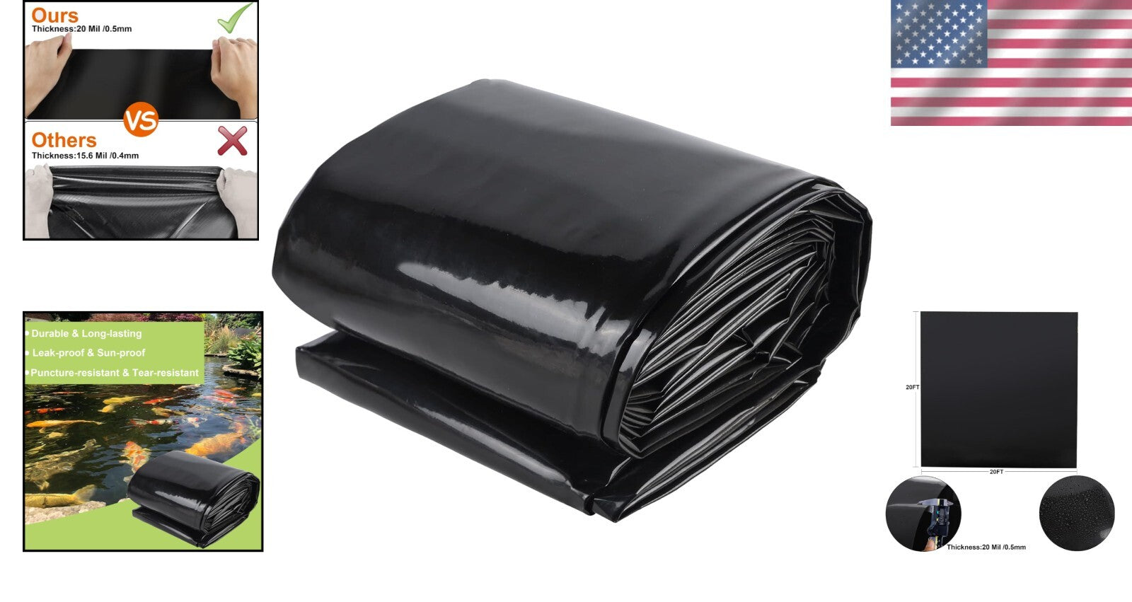 Long-Lasting 20x20 FT Fish Pond Liner - 20 Mil UV-Resistant & Flexible