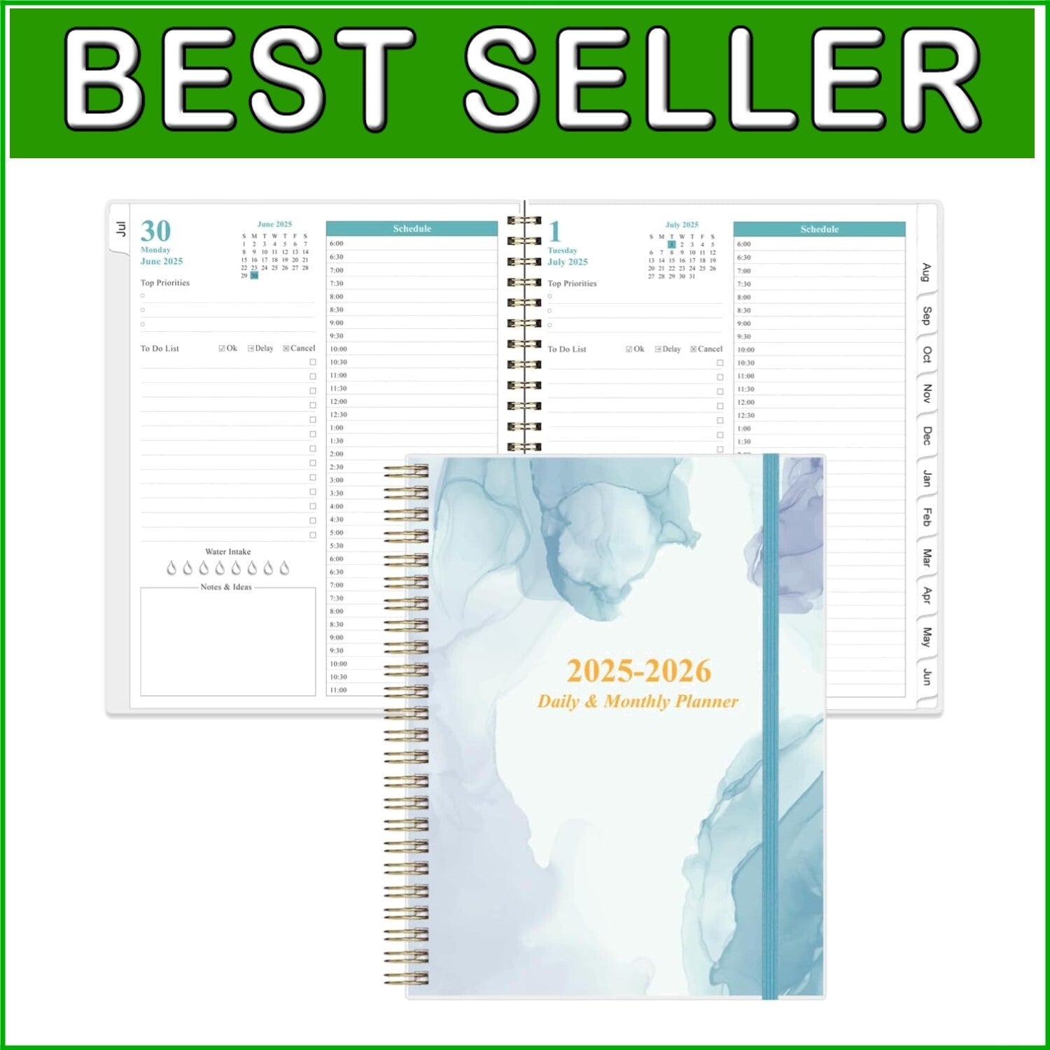 Elegant 2025-2026 Daily Planner with 12 Monthly Tabs - 11" x 8.5" Blue Design