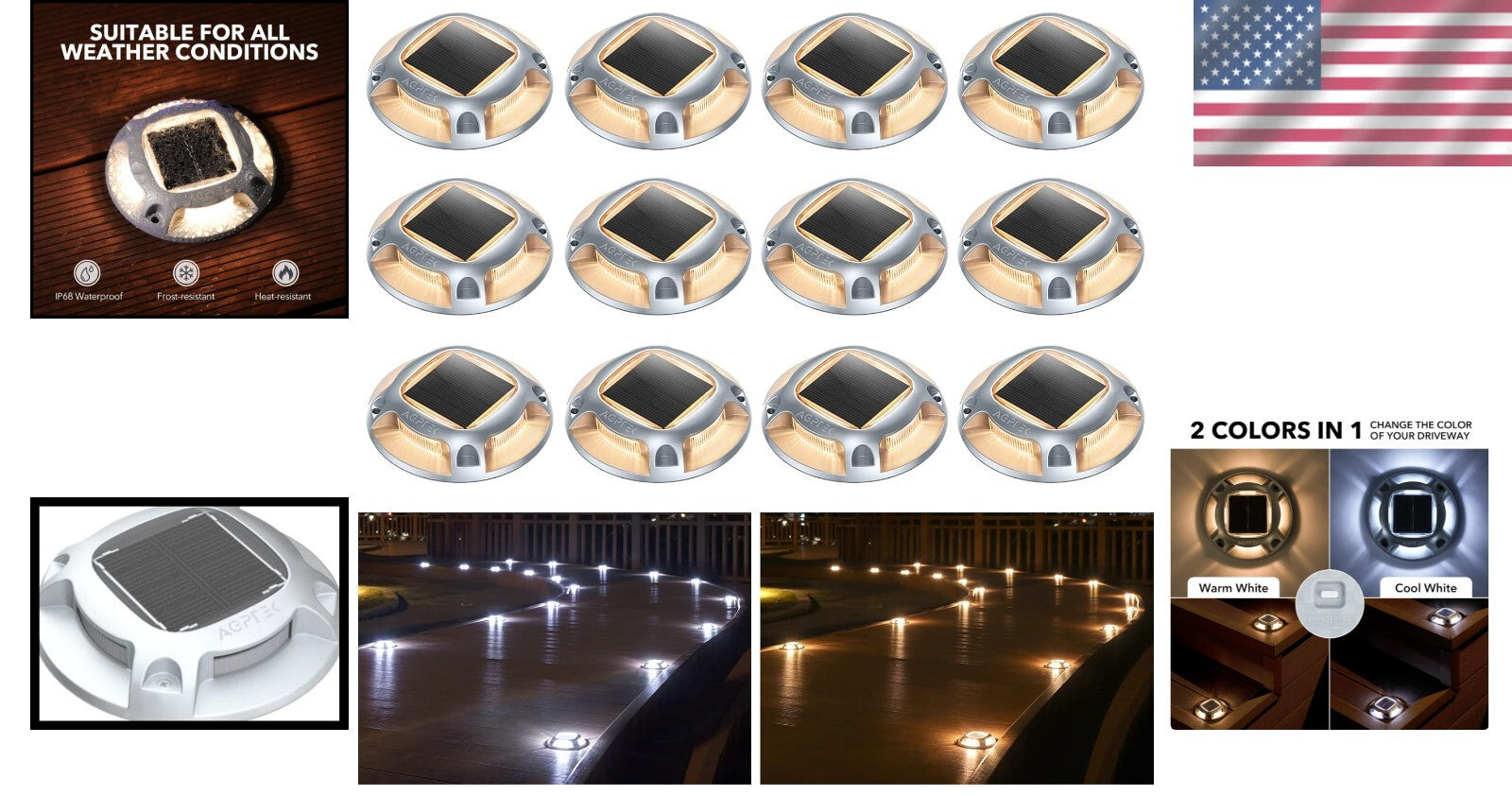 12 Pack Waterproof Solar Deck Lights – Dusk to Dawn Dual Color LED Illumination