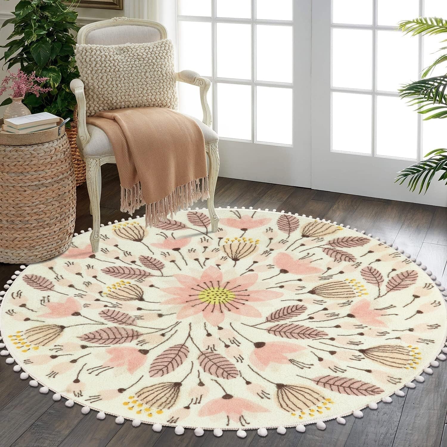 Charming 5.3' Circle Pom Pom Rug - Cozy Non-Slip Floor Mat for Nursery & More