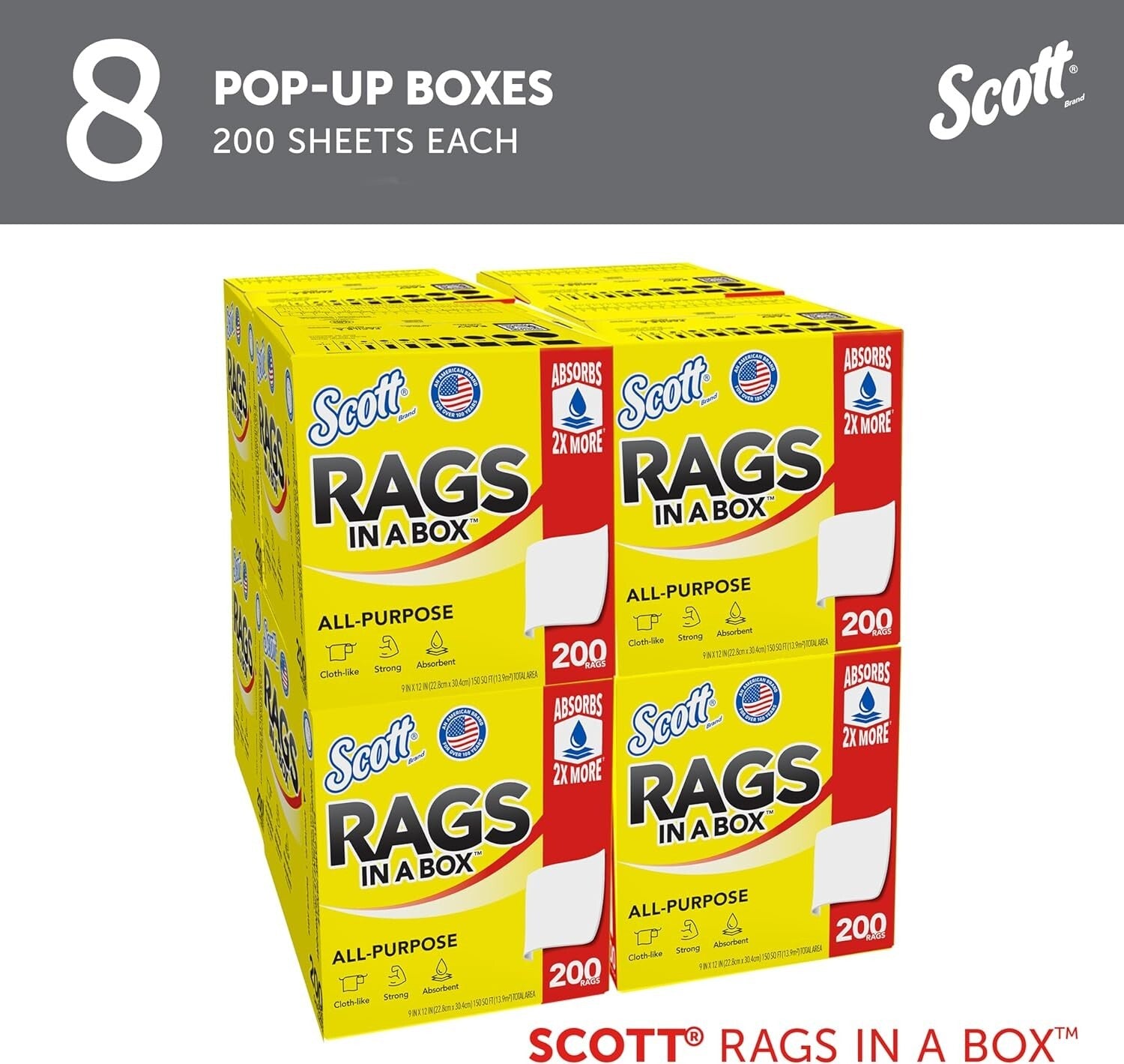 Large Scott Shop Towels, 9"x12", Absorbent 1-Ply Towels, 8 Boxes of 200 Sheets