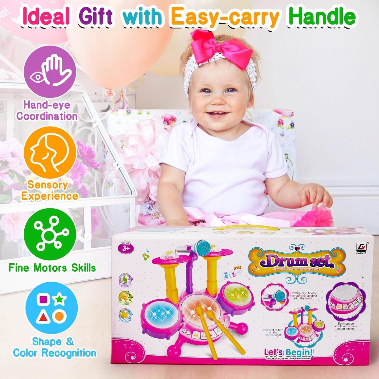 Fun Pink Drum Set Toy for 1-2 Year Old Girls - Perfect Early Development Gift