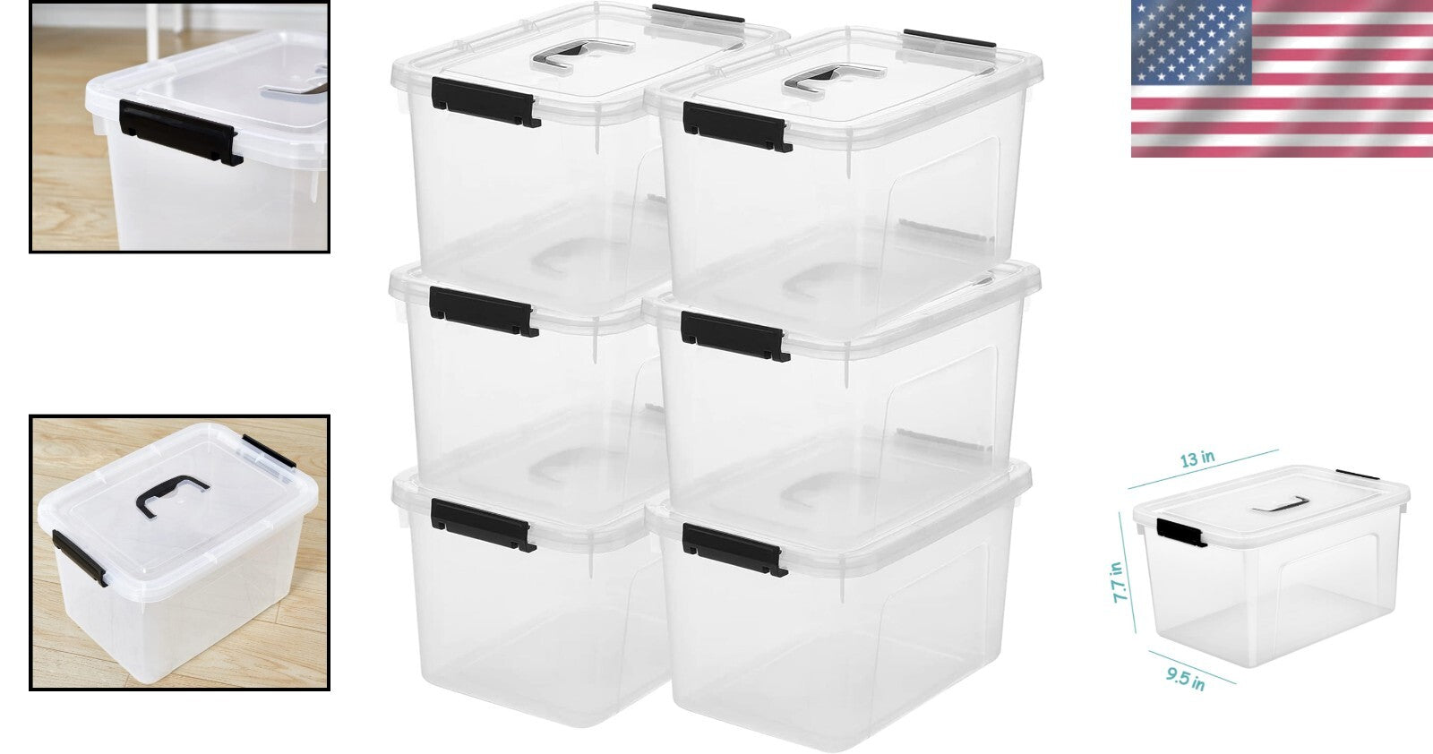 Efficient 12 Quart Clear Storage Bins with Latch & Black Handles - Set of 6