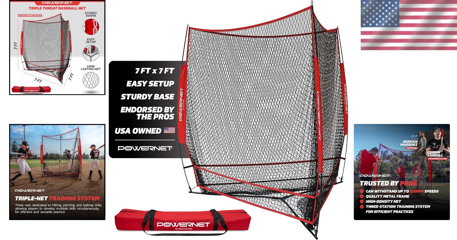 Triple Threat Baseball Net - 7' x 7' Hitting, Pitching & Batting Training Tool