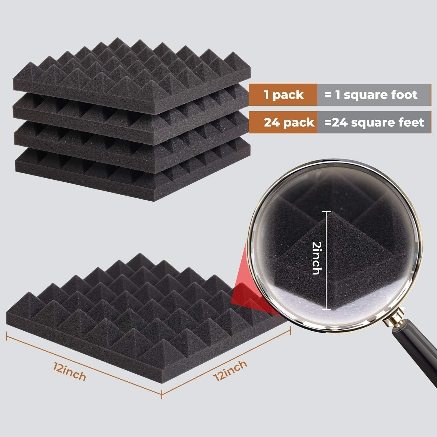 High Density 12x12x2 Acoustic Foam Pyramid Panels - 24 Pack with Easy Install