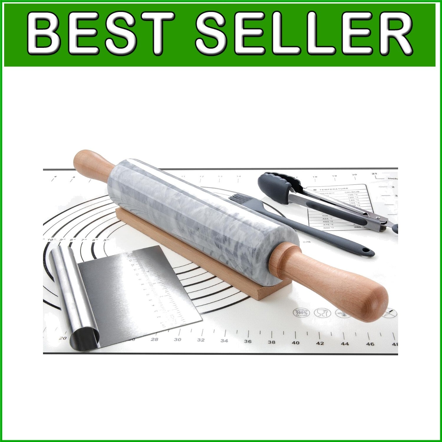 18.5-Inch Polished Marble Rolling Pin Set: Pastry Mat, Brush, & Tongs Included