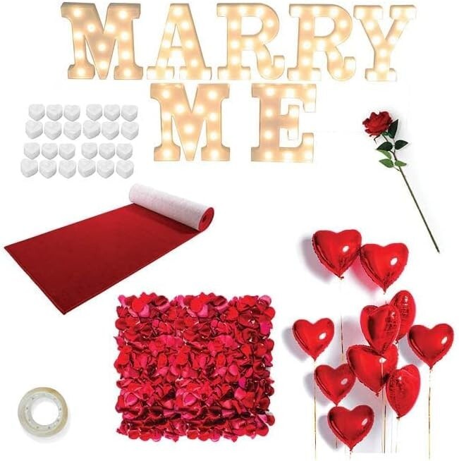 Complete Engagement Decor Kit with Red Carpet, Lights, and Romantic Flowers