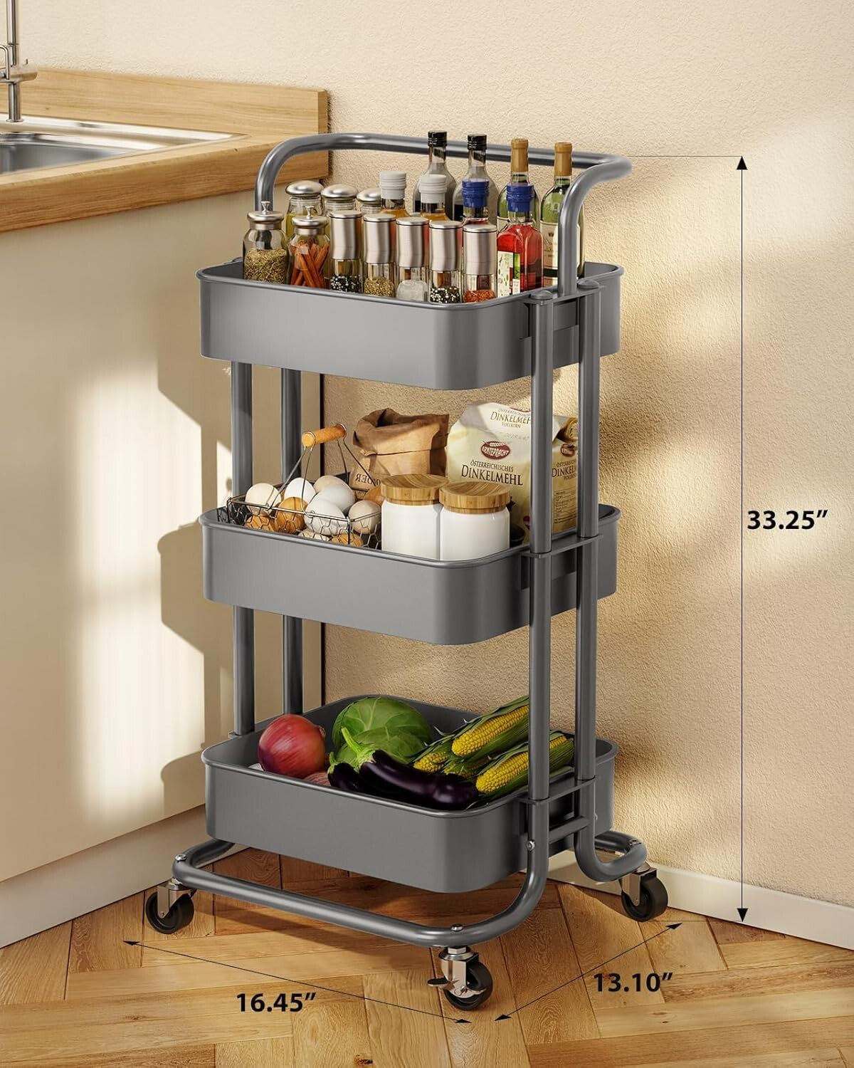 Multifunctional 3-Tier Utility Cart with Lockable Wheels - Perfect for Any Space