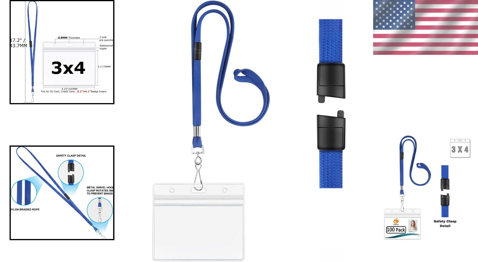 Bulk 100 Breakaway Safety Lanyards with Clear 3x4 ID Badge Holders for Events