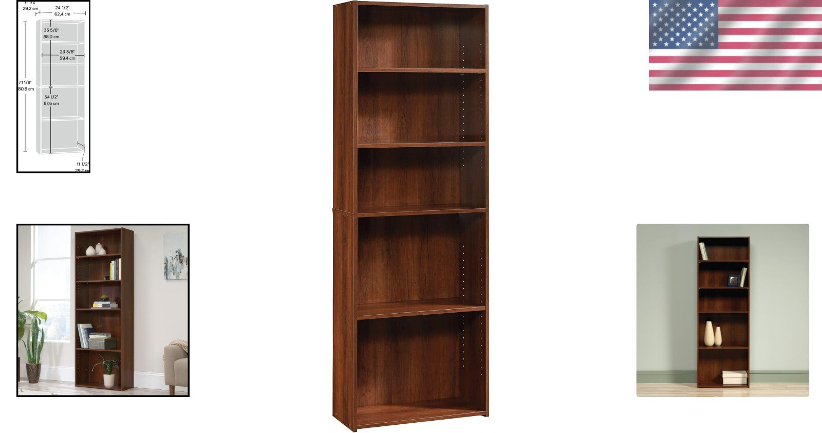 Traditional 5-Shelf Bookcase with Adjustable Components in Brook Cherry Finish