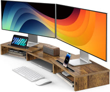 Load image into Gallery viewer, Rustic Brown Adjustable Dual Monitor Stand - 3 Shelf Desk Organizer Solution