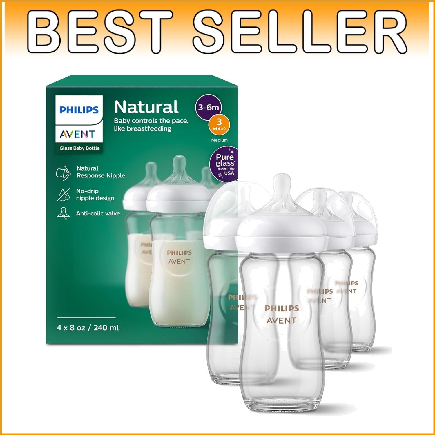 Premium Philips 8oz Glass Baby Bottles - Flow 3 Natural Response Nipples, 4-Pack