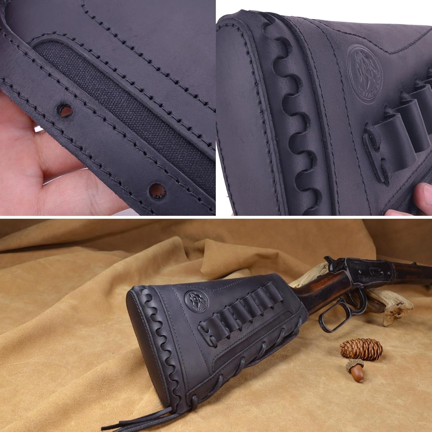 Buffalo Hide Leather Rifle Buttstock Cover - Drawstring Closure & Storage Pocket