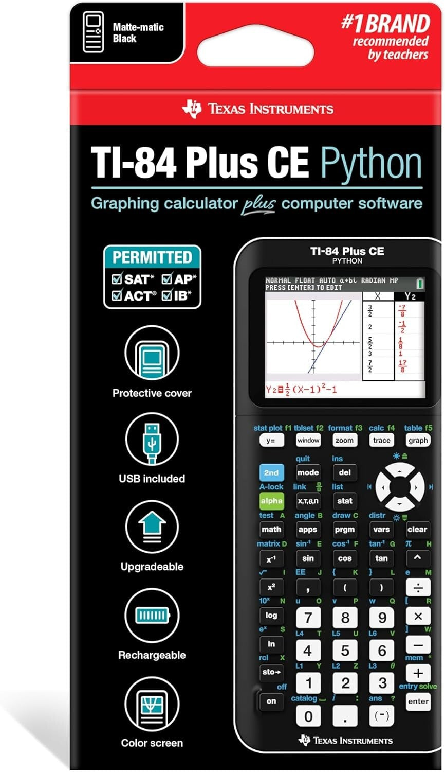 Durable TI-84 Plus CE Black Graphing Calculator - Preloaded Apps & Python Ready