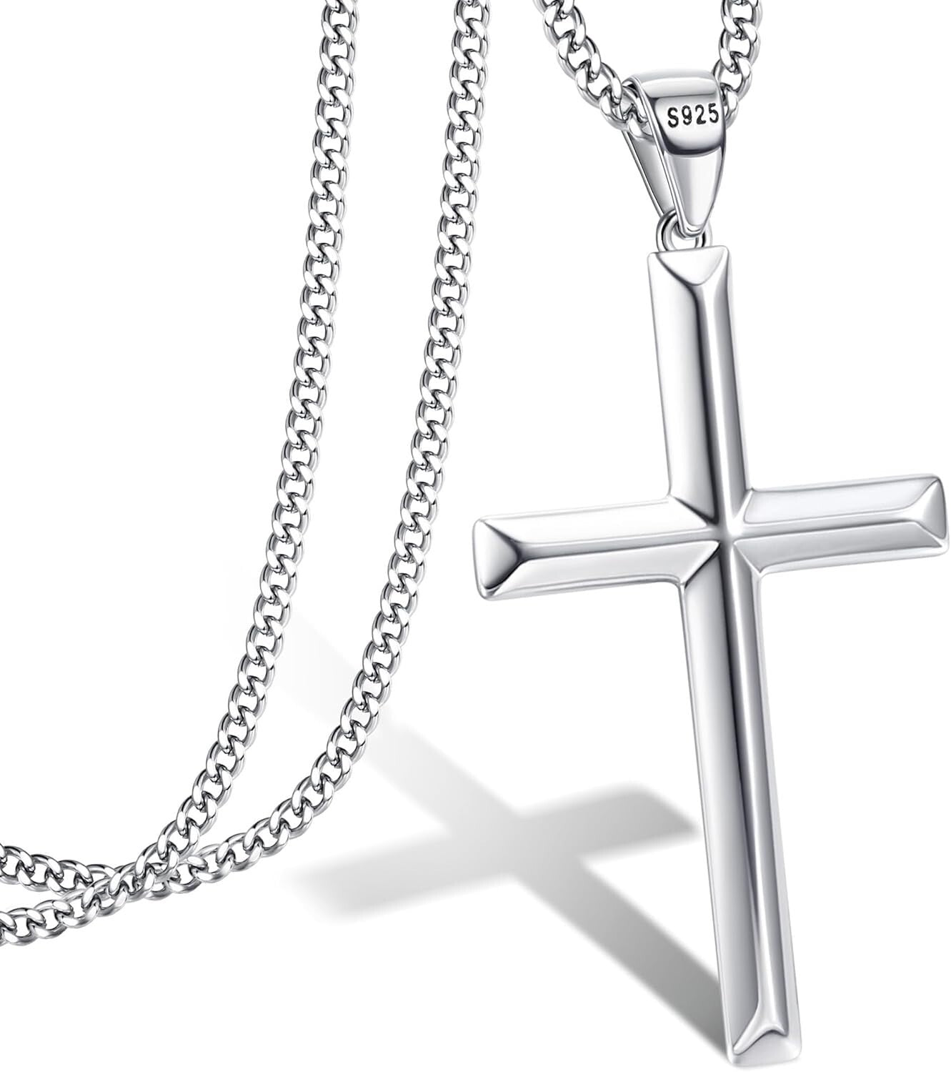 Durable 2mm Silver Cuban Link Cross Pendant Necklace for Men & Women, 16-24 Inch