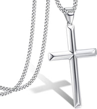 Load image into Gallery viewer, Durable 2mm Silver Cuban Link Cross Pendant Necklace for Men &amp; Women, 16-24 Inch