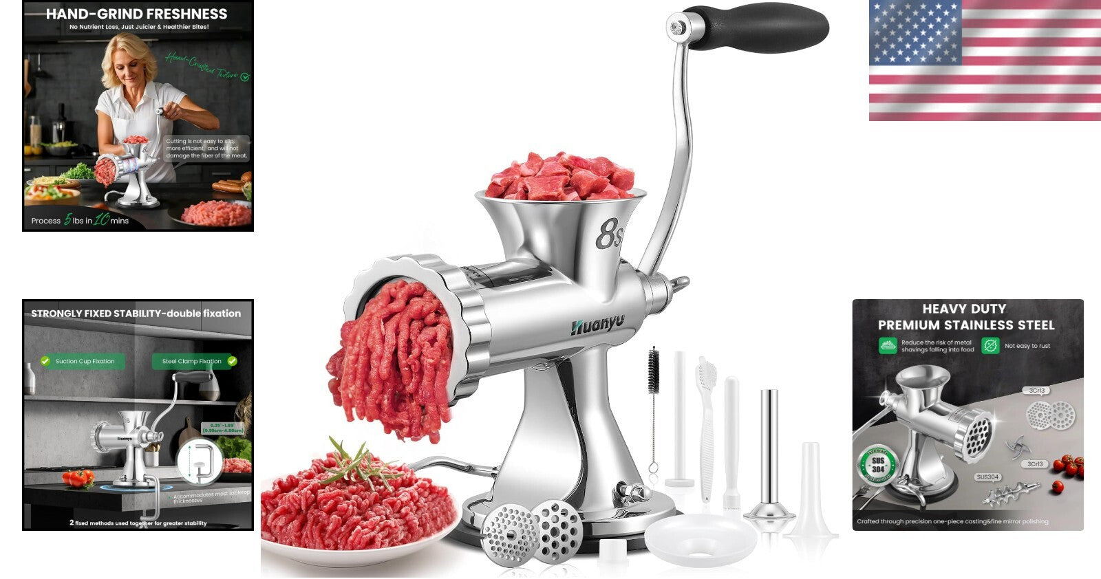 Versatile Hand Crank Meat Grinder - Stainless Steel for Home and Outdoor Cooking