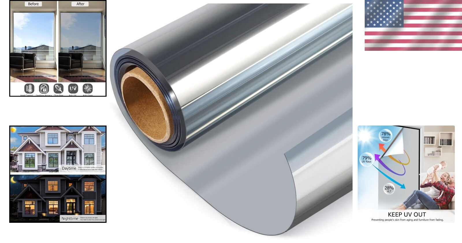 Elegant One Way Privacy Window Film - UV Blocking Silver Tint, 35.4 x 393.7 Inch