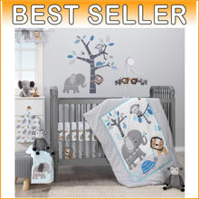 Load image into Gallery viewer, Blue and Gray 3-Piece Crib Bedding Set - Modern Jungle Adventure Theme