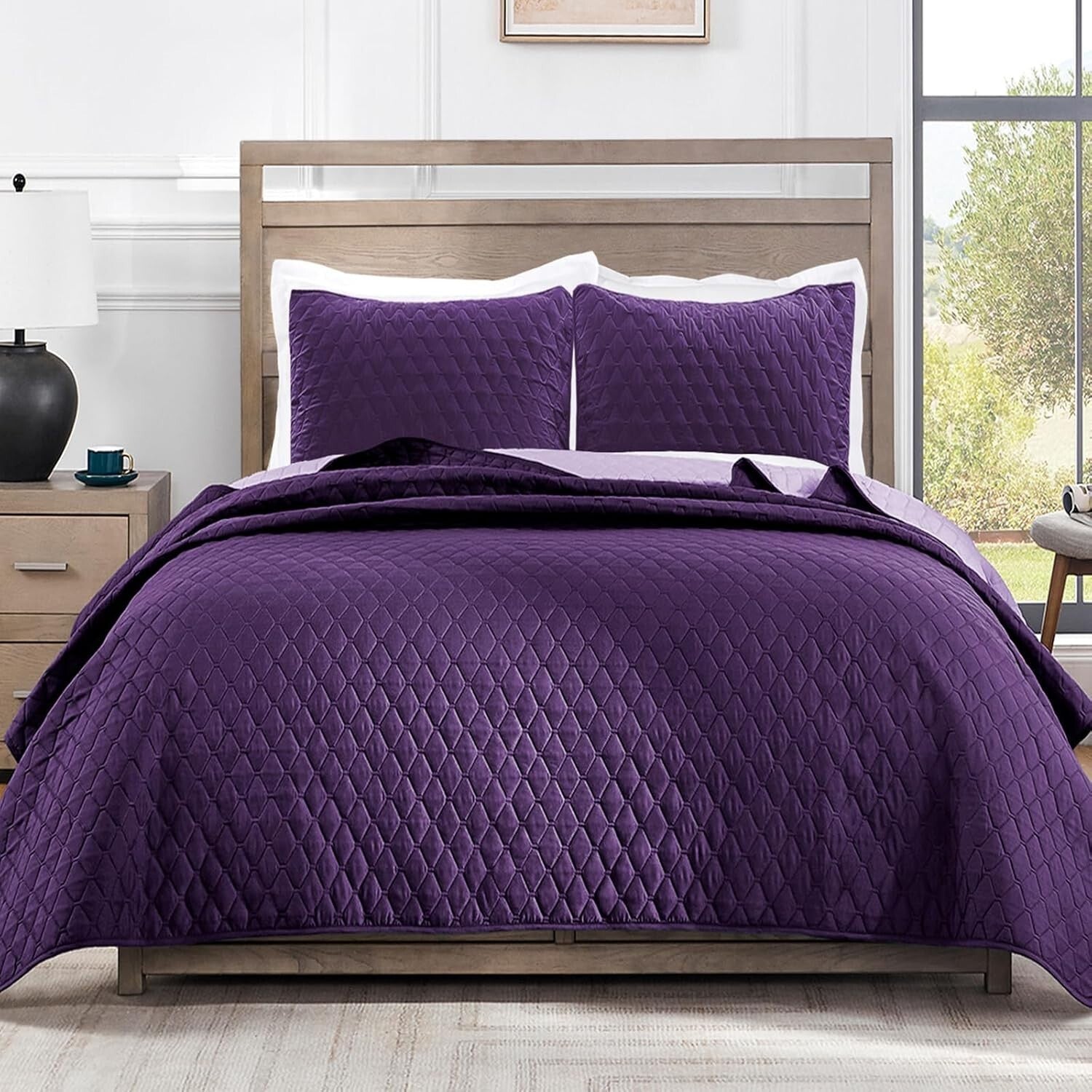 Reversible King Size Quilt Set - Lightweight & Stylish Deep Purple/Lilac