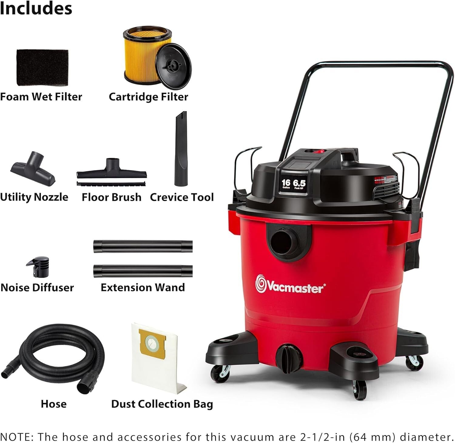 Red 16-Gallon Wet/Dry Vacuum with 145 CFM Power - Perfect Indoor/Outdoor Cleaner