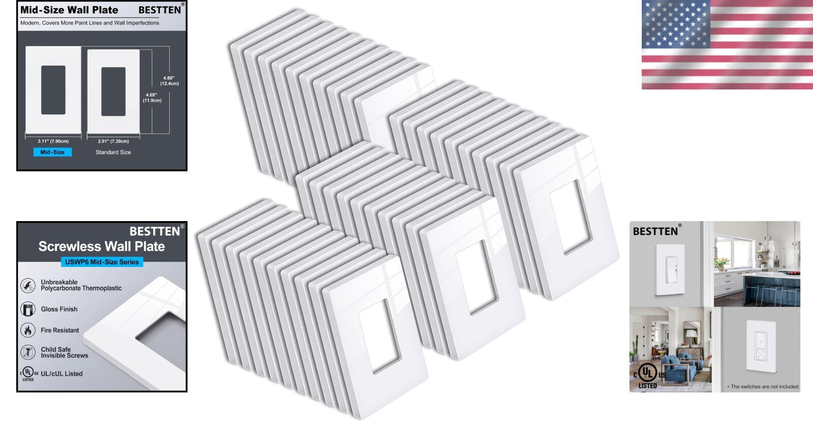 40-Pack Modern Screwless Mid-Size Outlet Covers | Gloss Snow White Finish