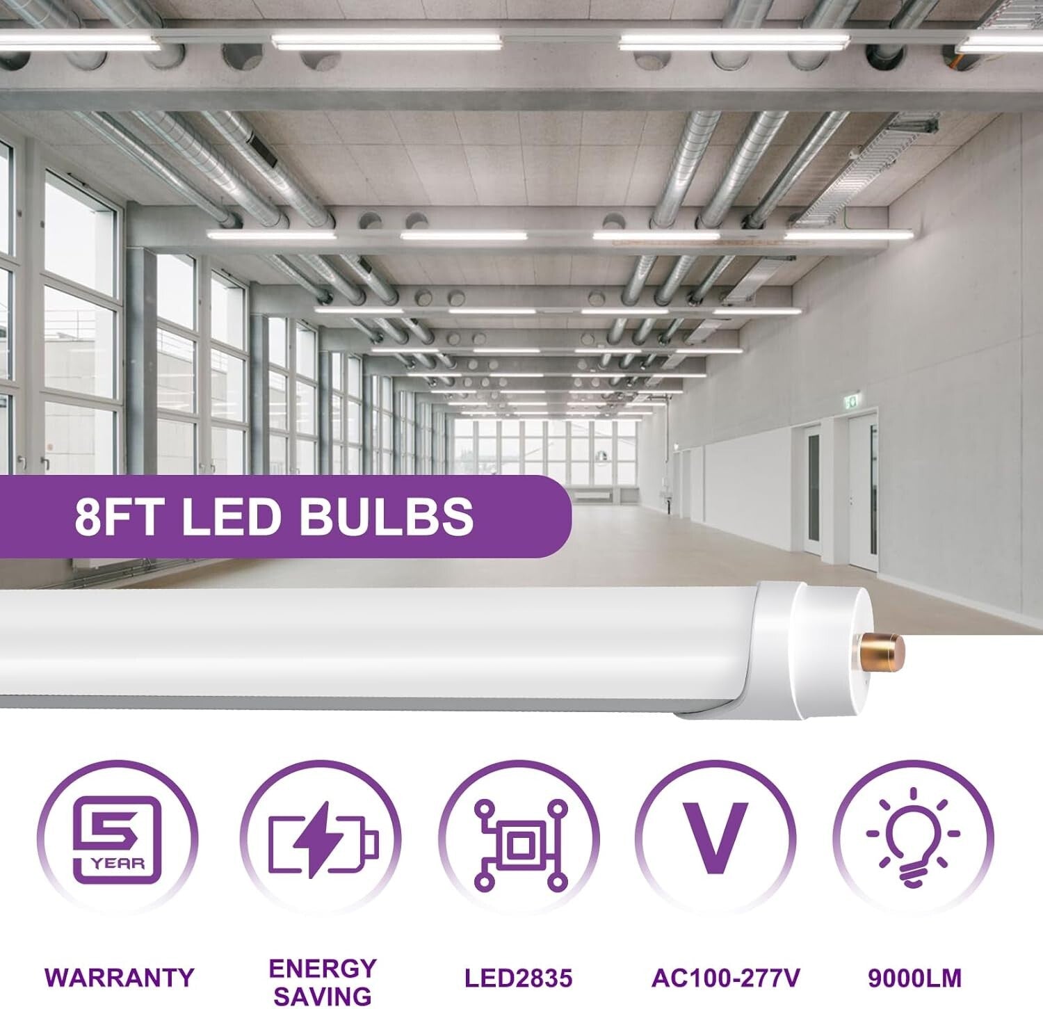 72W Dual Row 8FT LED Bulbs - 5000K Daylight, Easy Installation, Long Lifespan