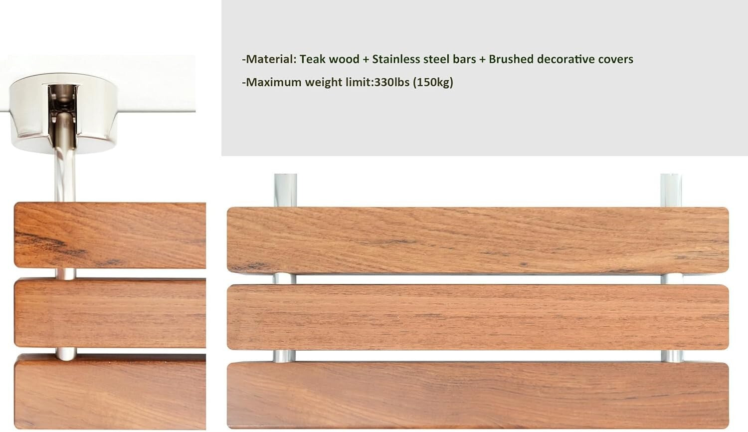 Modern Shower Seat with Brushed Stainless Steel - Space-Saving Teak Wood Design