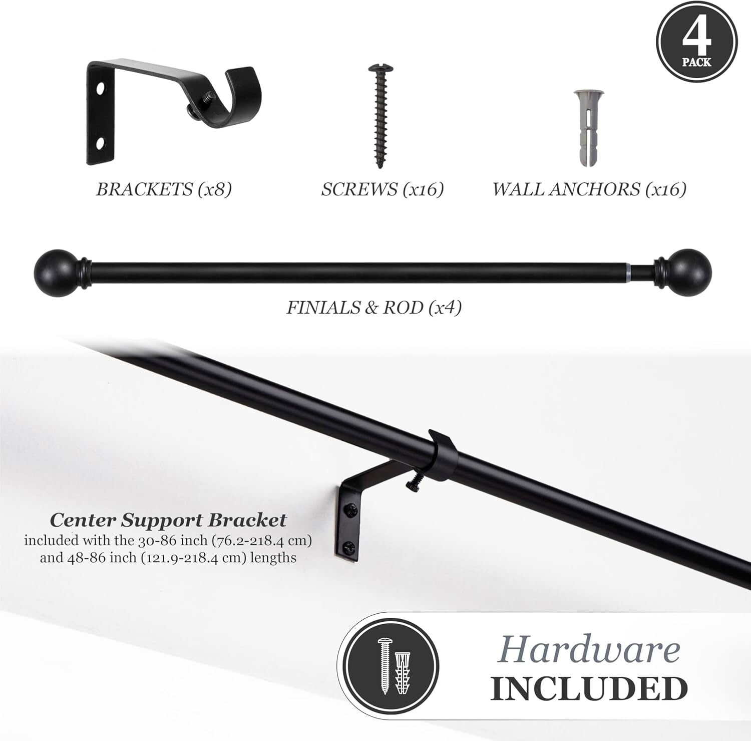 Durable Black Extendable Curtain Rods, 5/8" diameter, 4 Pack for Window Decor