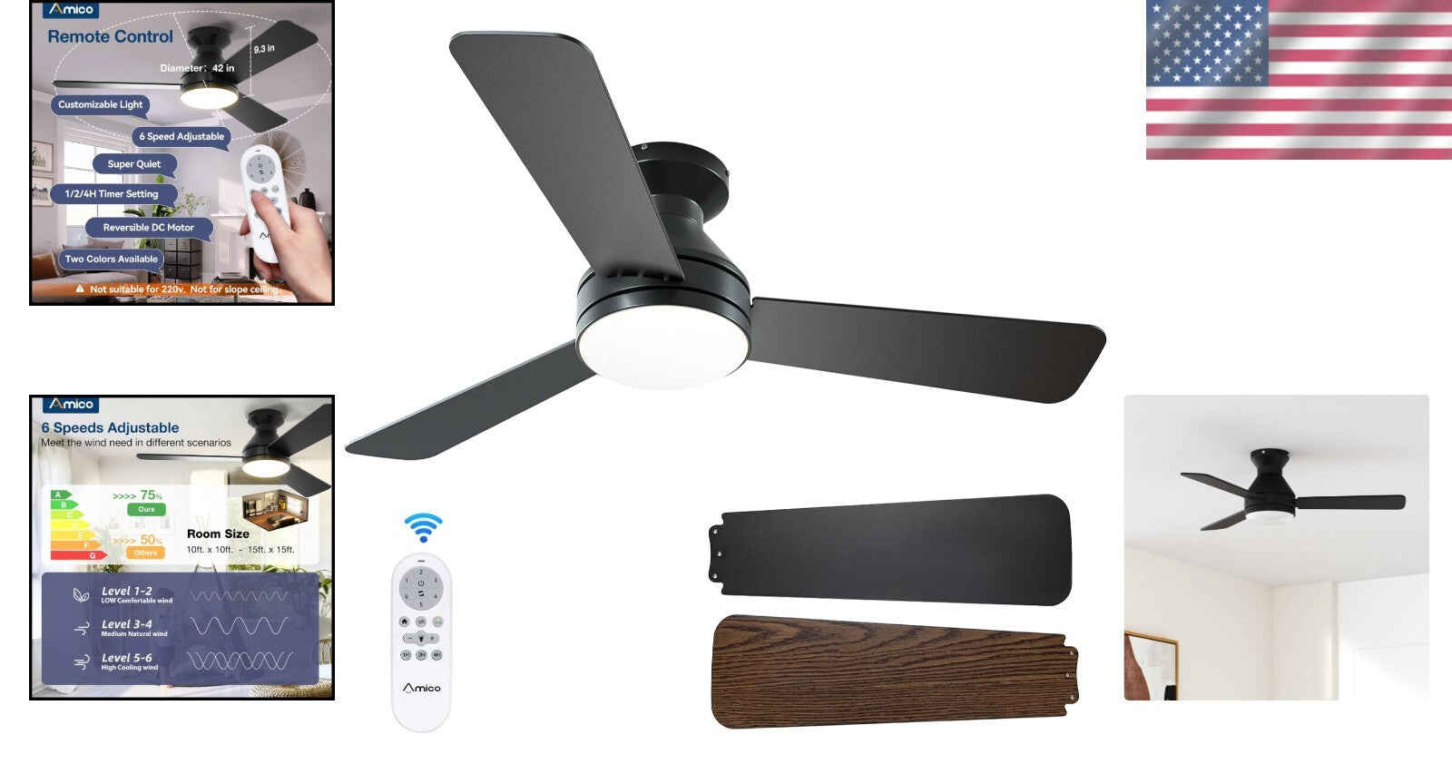 Elegant 42-Inch Low Profile Ceiling Fan with Remote, 3CCT & Whisper Quiet