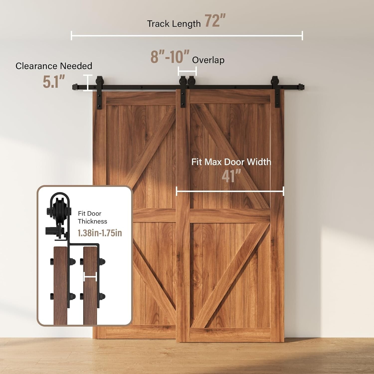 6FT Heavy-Duty Sliding Barn Door Hardware Kit for Double Doors – J Shape Hanger