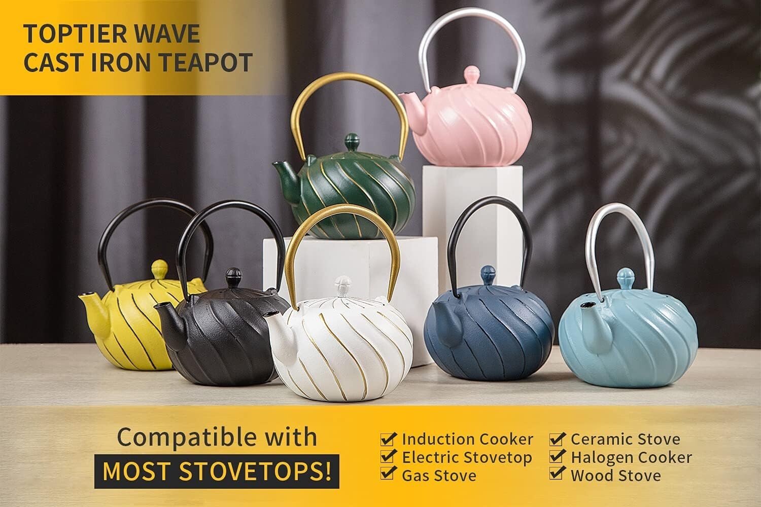 Elegant 40oz Japanese Cast Iron Tea Kettle with Infuser - Wave Pattern Design