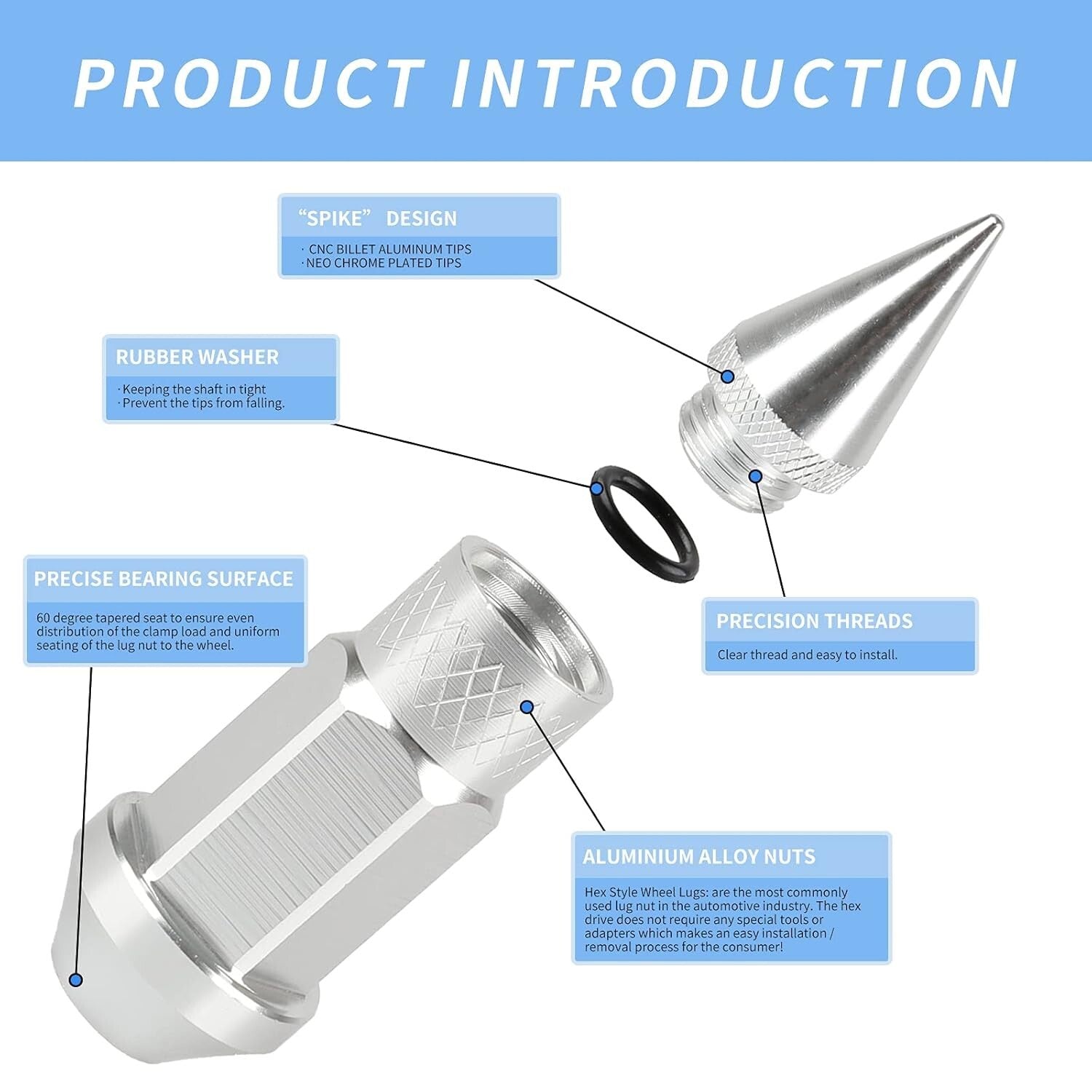 20PCS Silver Aluminum Wheel Spikes Lug Nuts M12X1.5 for Enhanced Aesthetics