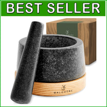 Load image into Gallery viewer, Granite Mortar and Pestle Set with Stylish Oak Wood Base - Perfect for Guacamole